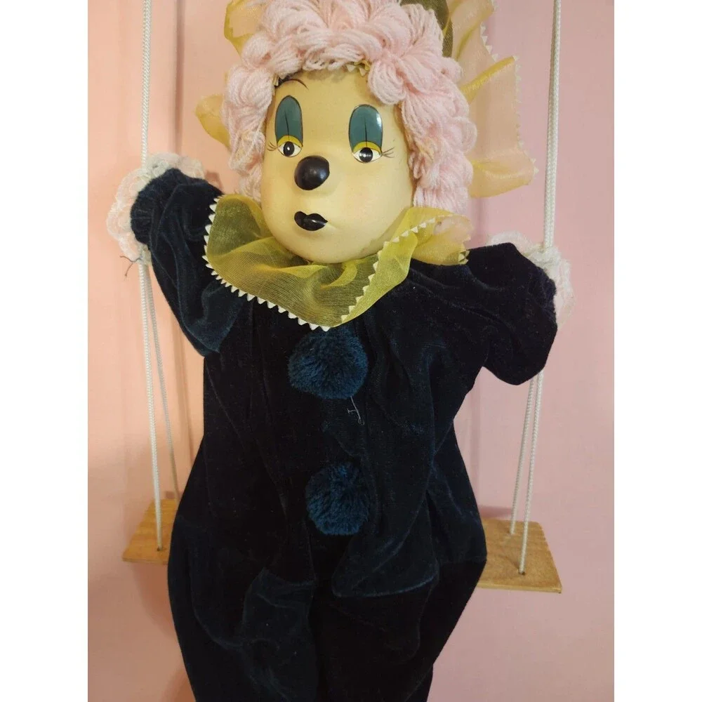 Vintage Clown Doll Sits On Wooden Swing Ceramic Head